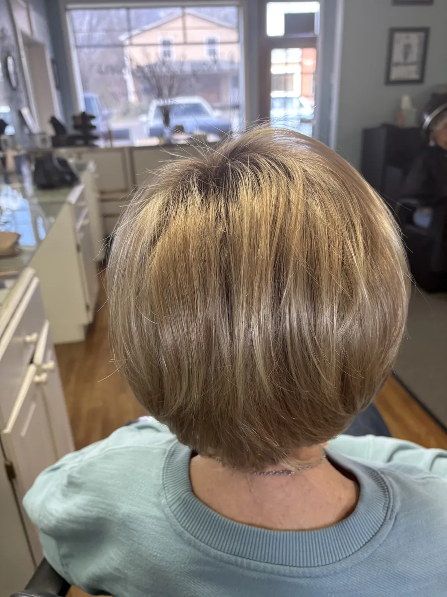 Finished blonde bob haircut, back view